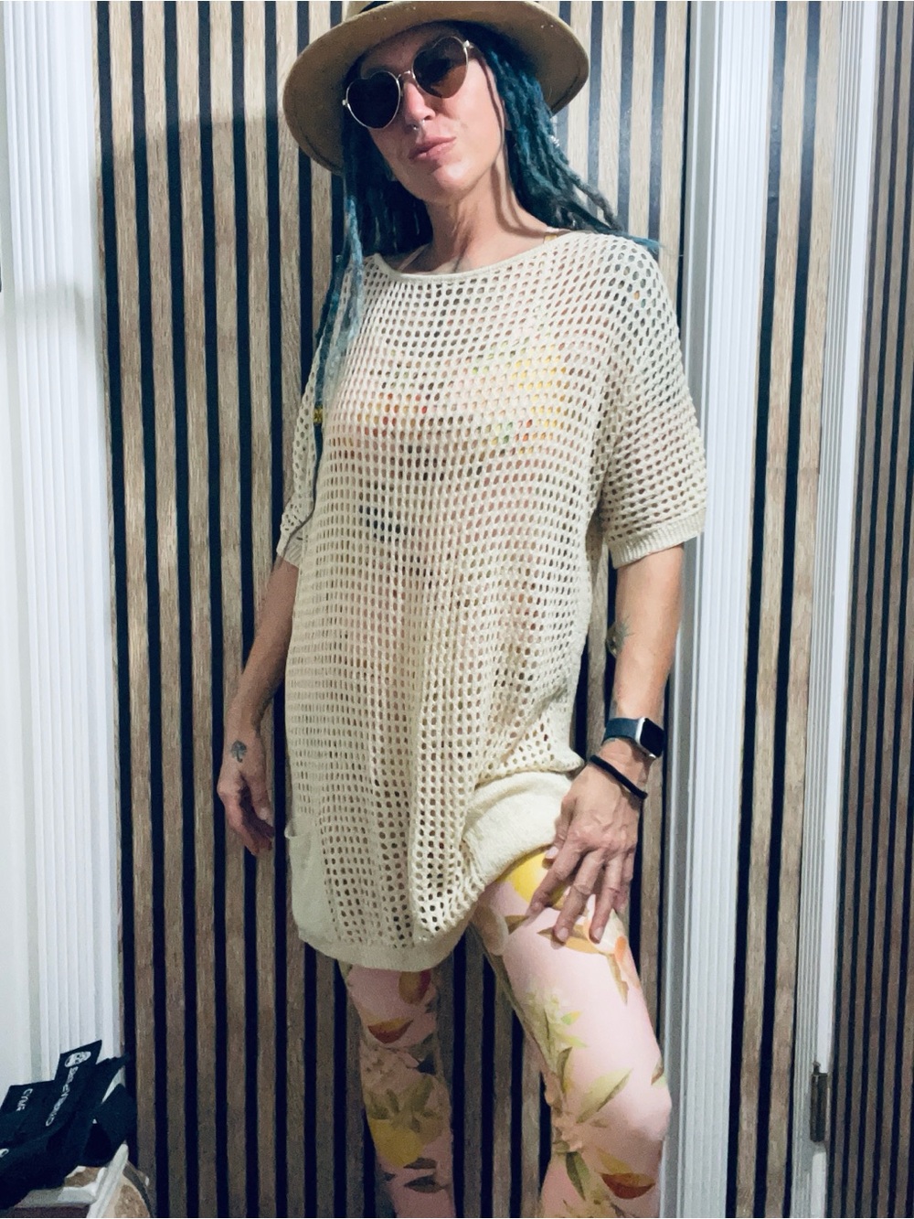 Beach Coverup Cream Open-Weave Tunic with pockets